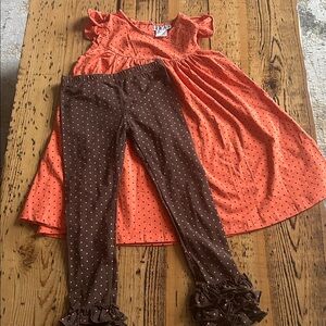 Southern style brand brown w/orange polka dots ruffle leggings and dress sz 8